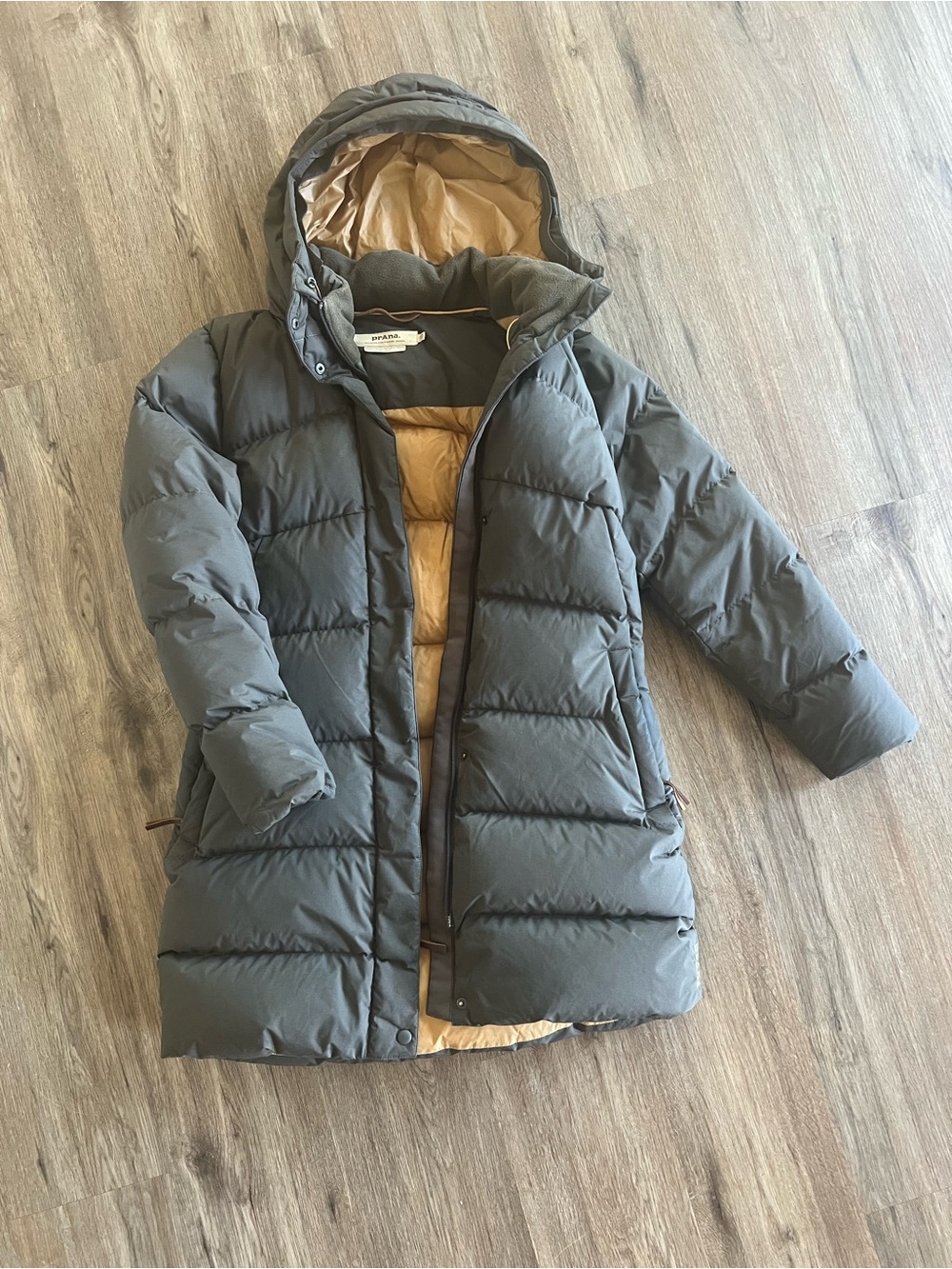 Prana Hooded Long Puffer Coat in Gray with Tan Lining